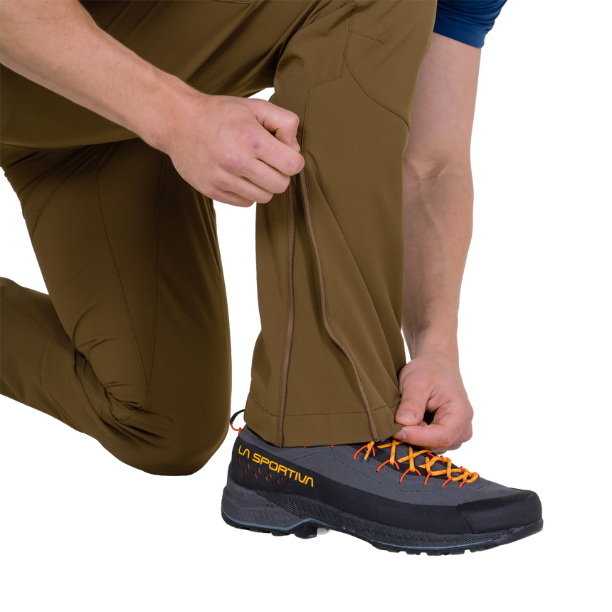 EXOLITE 210 stretch softshell fabric detail on Mountain Equipment Ibex Mountain Men's Pant in Desert Palm