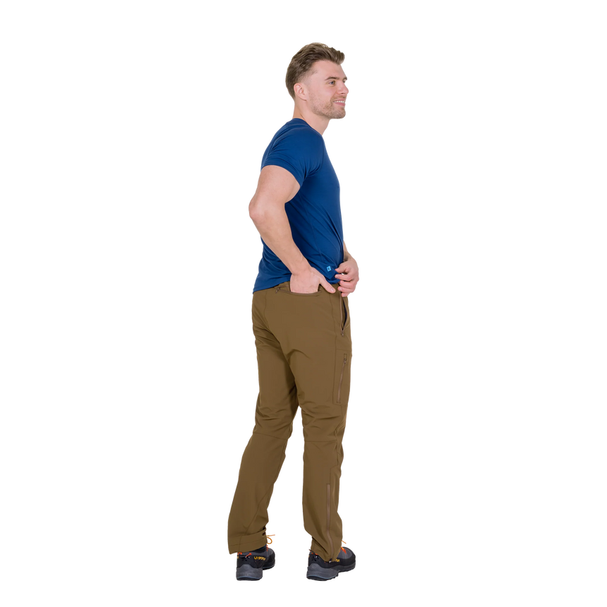 Zipped thigh pocket with mesh lining detail on Mountain Equipment Ibex Mountain Men's Pant in Desert Palm