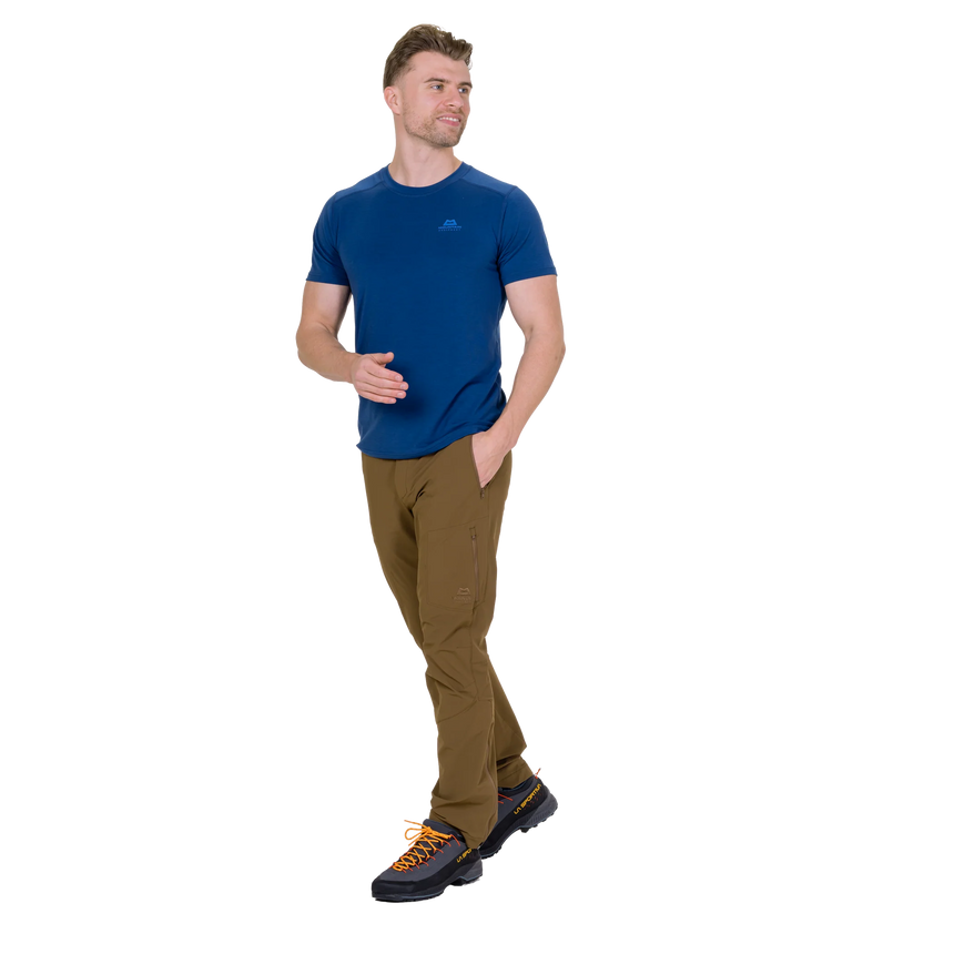 Close-up of integrated belt and double press-stud waist closure on Mountain Equipment Ibex Mountain Men's Pant in Desert Palm