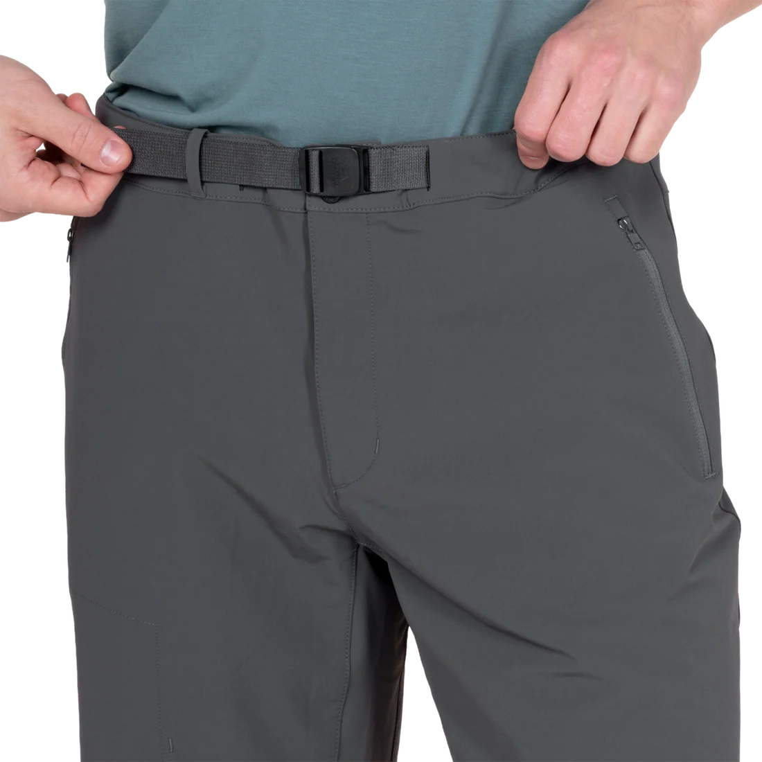 Zipped hand pocket detail on Mountain Equipment Ibex Mountain Men's Short in Anvil Grey