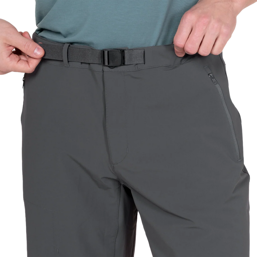 Zipped hand pocket detail on Mountain Equipment Ibex Mountain Men's Short in Anvil Grey