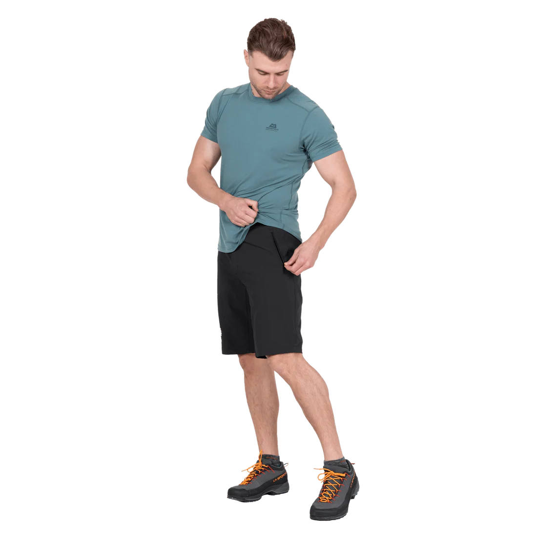 Mountain Equipment Ibex Mountain Men's Short in Black - left side view showing thigh pocket