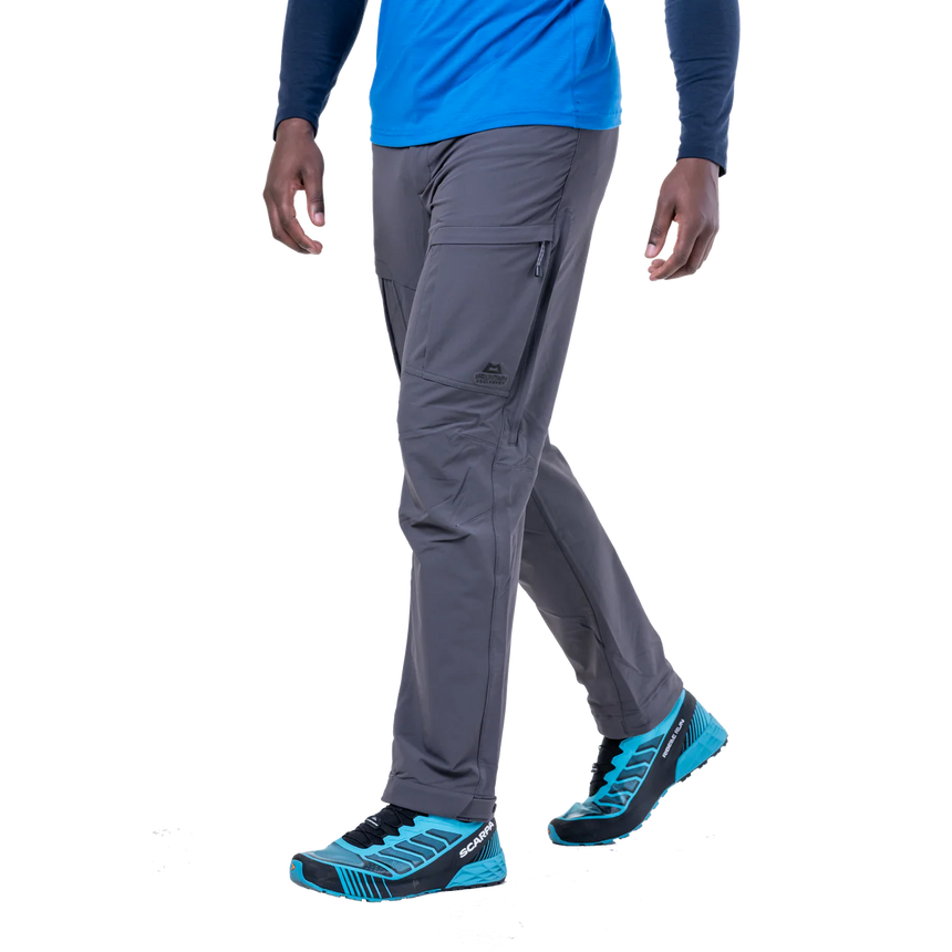 Mountain Equipment Ibex Pro Men's Pant in Anvil Grey - left side view showing thigh pocket and vent