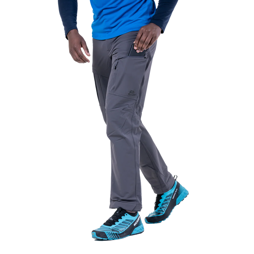 Thigh vent detail on Mountain Equipment Ibex Pro Men's Pant in Anvil Grey for temperature regulation