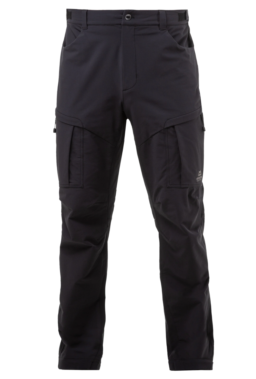 Mountain Equipment Ibex Pro Men's Pant in Black - front view showing adjustable waistband and multiple zip pockets