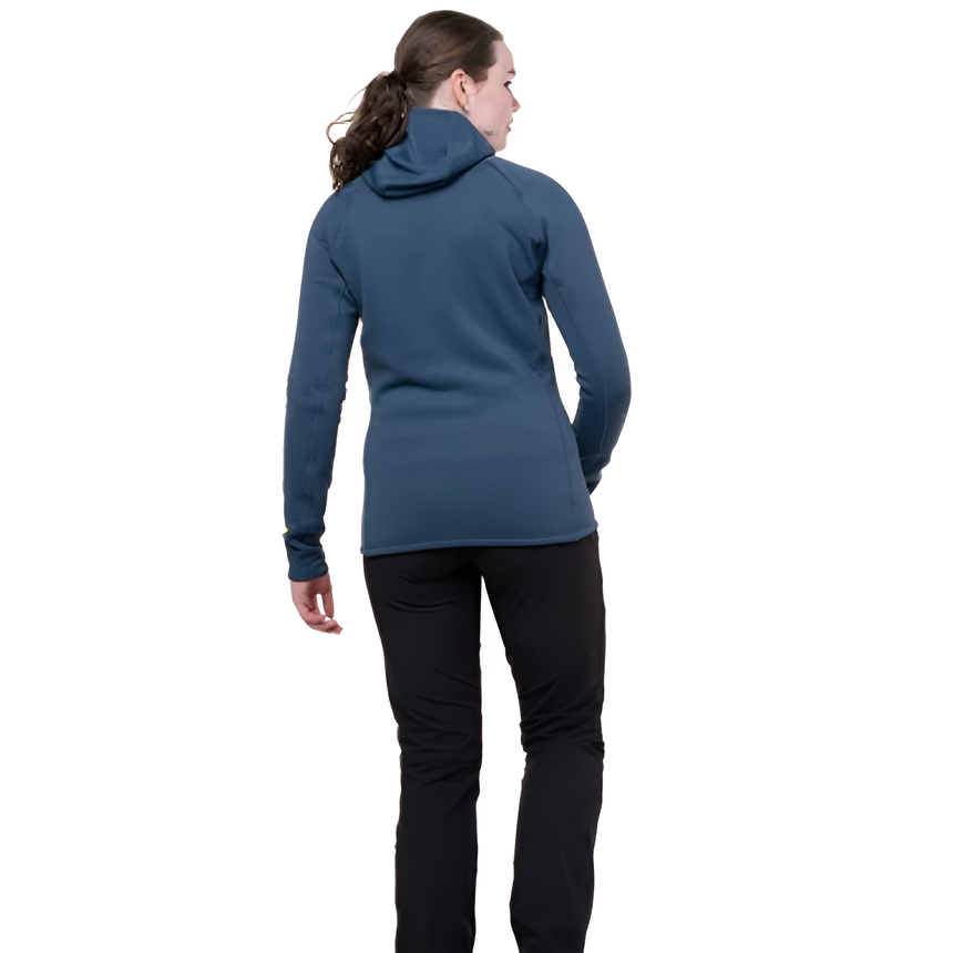 Mountain Equipment Jorasses Hooded Women's Jacket in Cosmos - hood up showing self-fabric hood construction