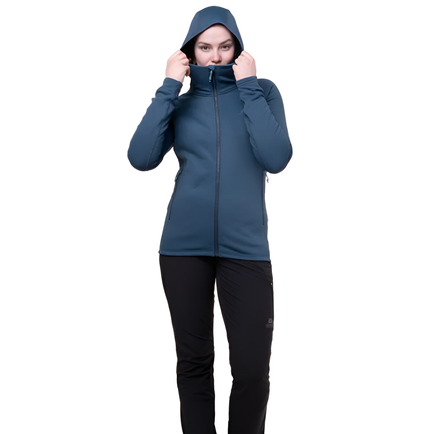 Thumb loop detail on Mountain Equipment Jorasses Hooded Women's Jacket in Cosmos for extra warmth on windswept plateaus