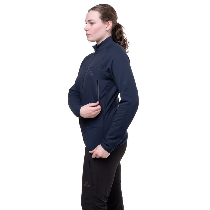 246 g/m² stretch Powerfleece brushed back fabric detail on Mountain Equipment Jorasses Lite Women's Jacket in Cosmos