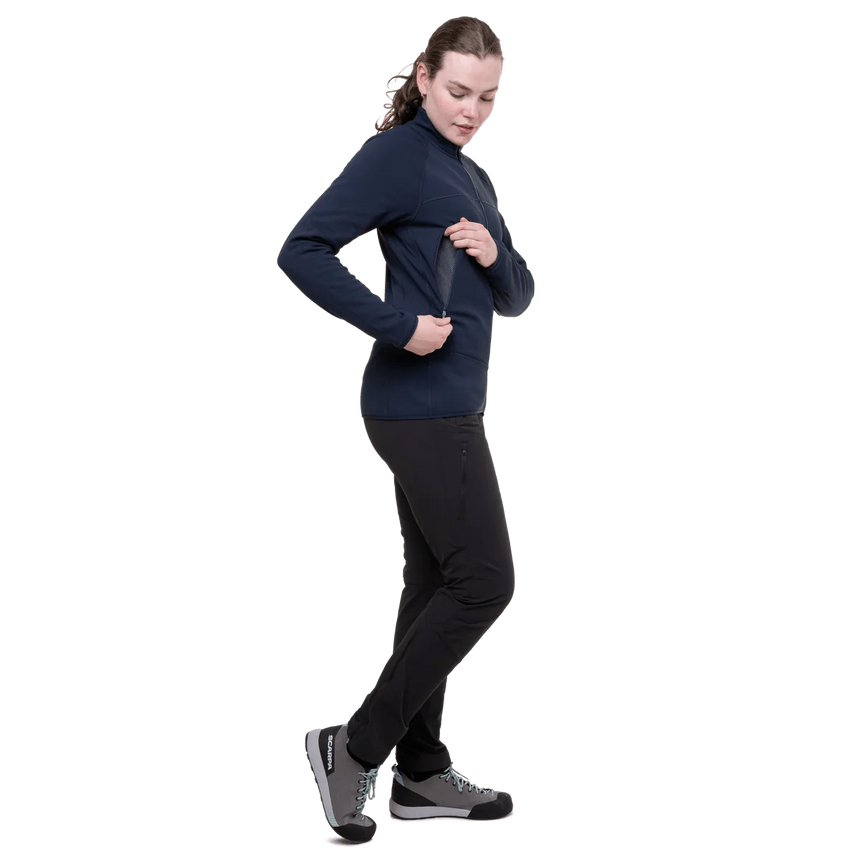 Zipped hand warmer pocket detail on Mountain Equipment Jorasses Lite Women's Jacket in Cosmos