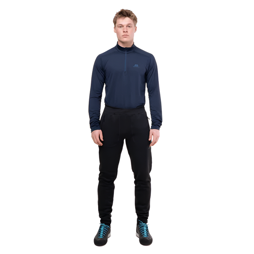Mountain Equipment Jorasses Men's Pant in Black - side view showing regular fit and wide stretch waistband