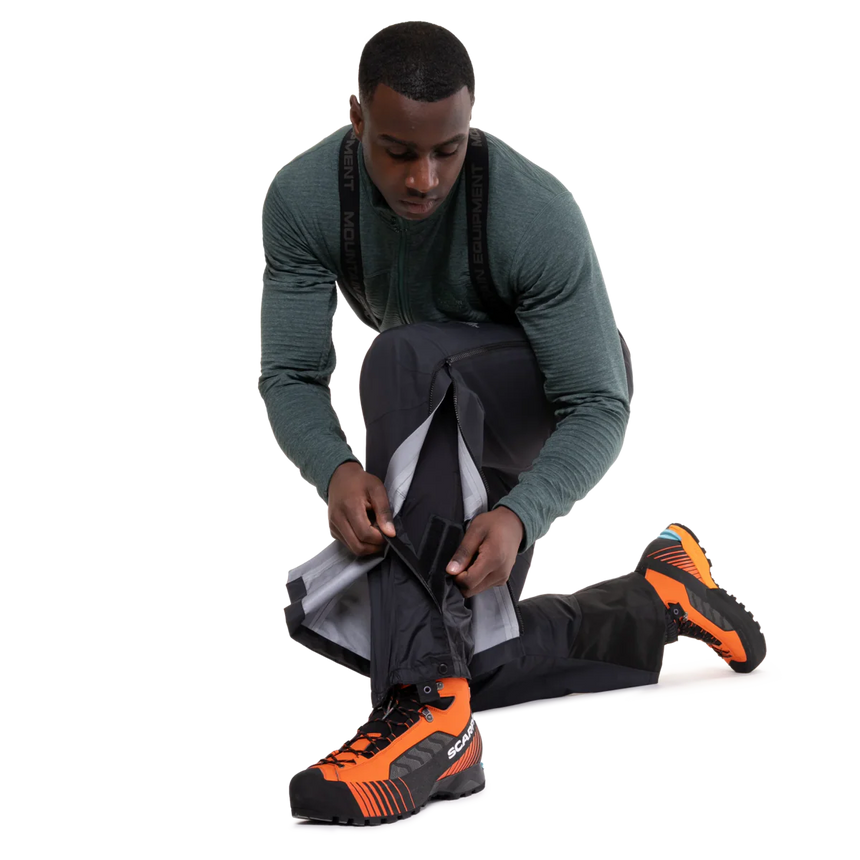 Full-length two-way YKK moulded side zip with inner storm flap on Mountain Equipment Karakoram Mountain Men's Pant in Black