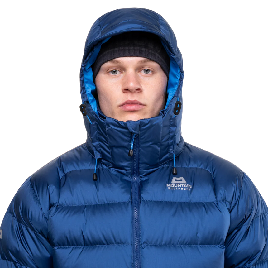 Zip-off Mountain Insulated Hood detail on Mountain Equipment Lightline Men's Jacket in Admiral Blue