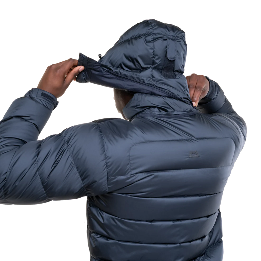 Dual tether hem drawcord detail on Mountain Equipment Lightline Men's Jacket in Blue Nights/Cosmos