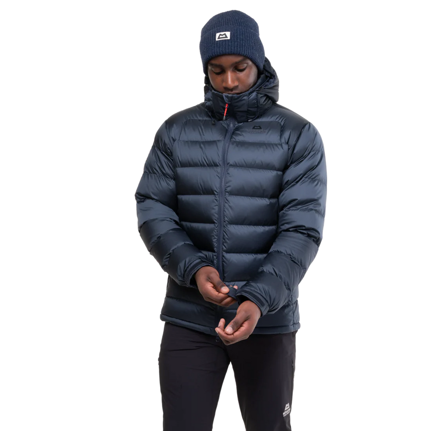Mountain Equipment Lightline Men's Jacket in Blue Nights/Cosmos with hood removed showing high collar construction