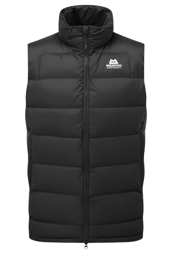Mountain Equipment Lightline Men's Vest in Black - front view showing stitch-through baffle construction and dual tether hem drawcords