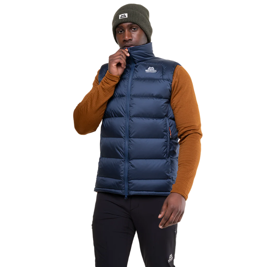 Mountain Equipment Lightline Men's Vest in Navy - side view showing 700 fill power down insulation and low bulk active fit