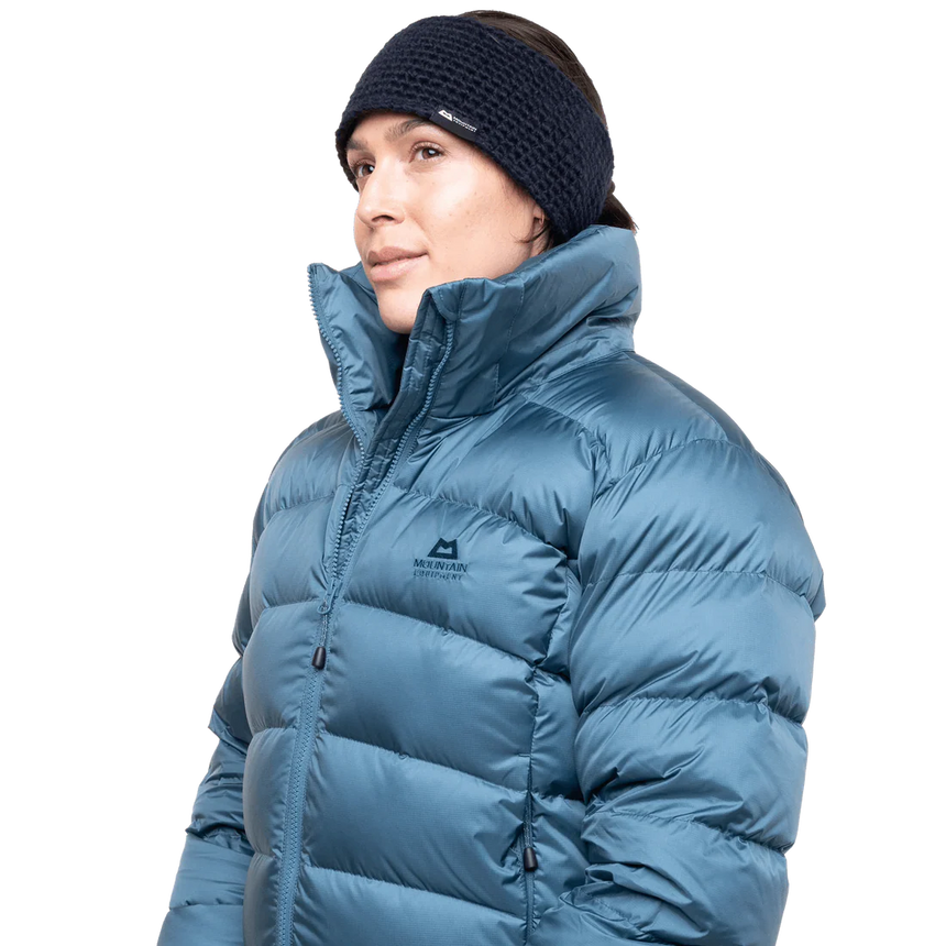 Mountain Equipment Lightline Women's Jacket in Stellar Blue - side view showing dual tether hem drawcords and adjustable elasticated cuffs