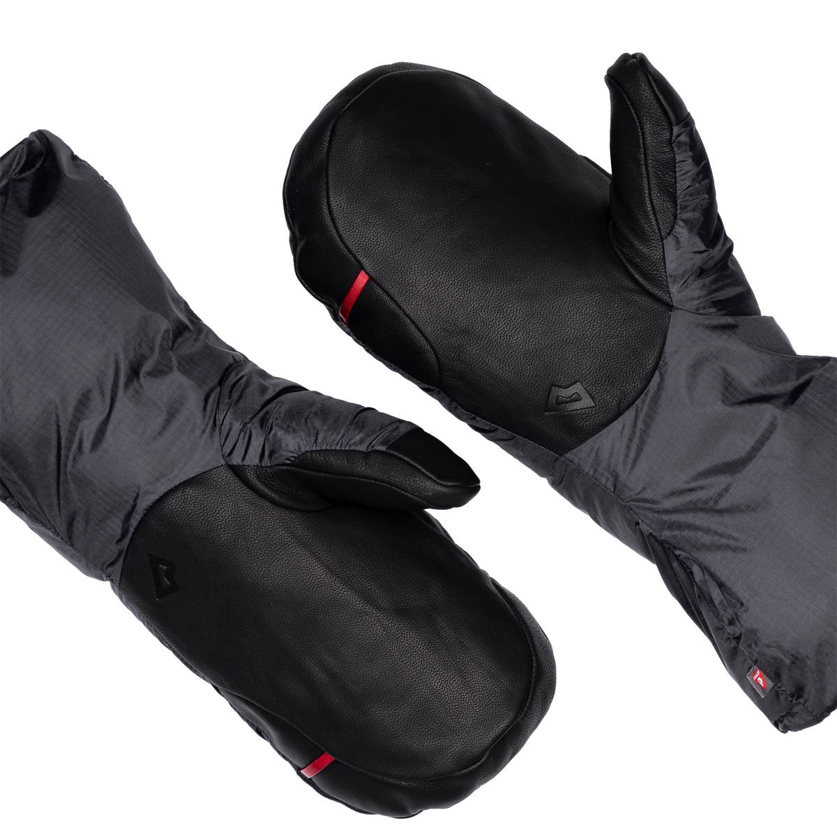Mountain Equipment Redline Mitt in Obsidian/Black - paired diagonal palm view showing water-resistant goatskin leather reinforcements