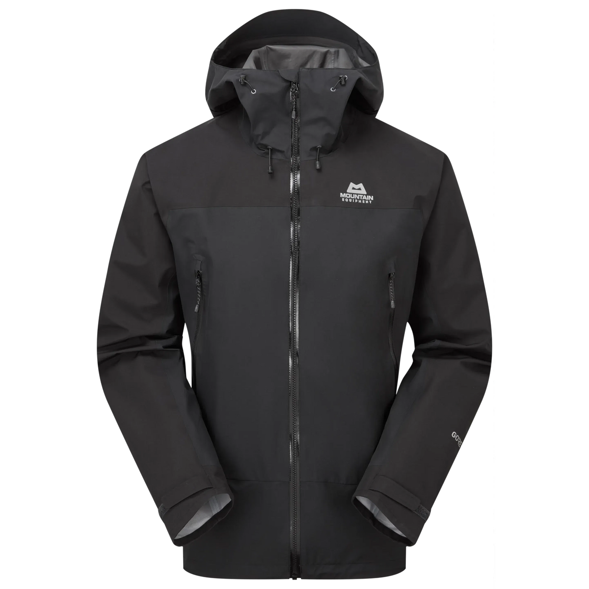 Mountain Equipment Saltoro GORE-TEX Men's Jacket in Black - front view showing hybrid GORE-TEX and GORE-TEX Paclite construction