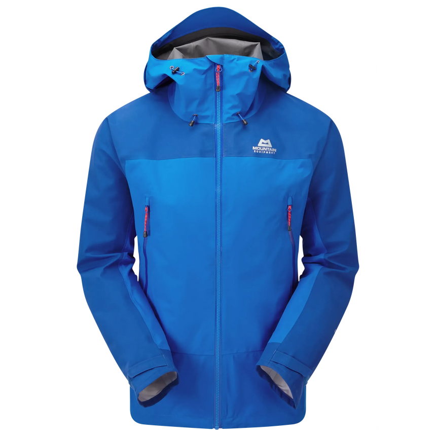 Mountain Equipment Saltoro GORE-TEX Men's Jacket in Lapis Blue/DK Ocean - front view showing hybrid GORE-TEX and GORE-TEX Paclite construction