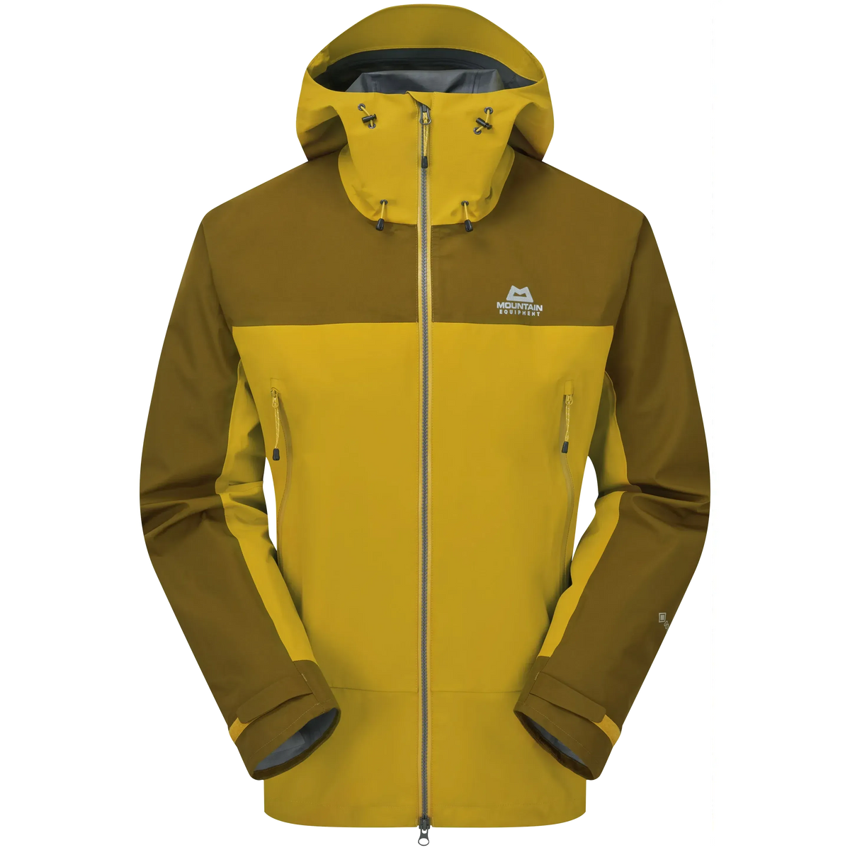 Mountain Equipment Saltoro GORE-TEX Men's Jacket in Lapis Blue/Medieval - front view showing hybrid GORE-TEX and GORE-TEX Paclite construction