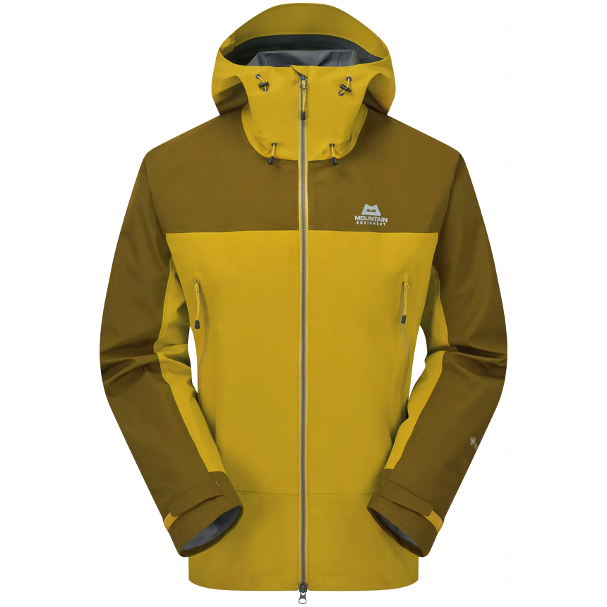 Mountain Equipment Saltoro GORE-TEX Men's Jacket in Lapis Blue/Medieval - front view showing hybrid GORE-TEX and GORE-TEX Paclite construction