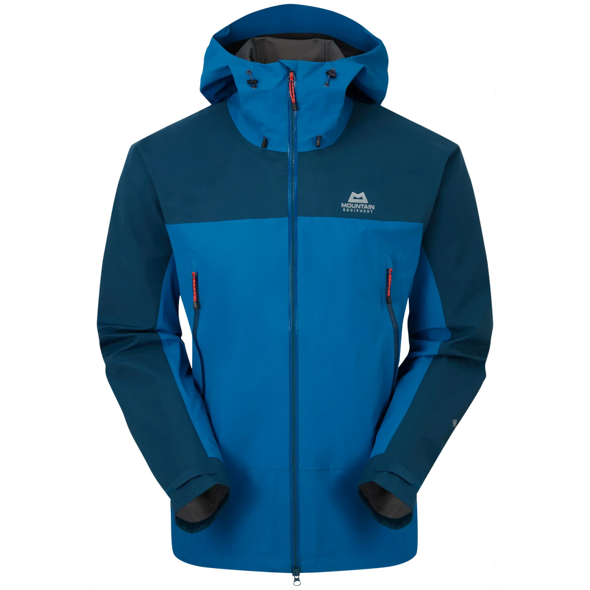 Mountain Equipment Saltoro GORE-TEX Men's Jacket in Mykonos/Majolica - front view showing hybrid GORE-TEX and GORE-TEX Paclite construction