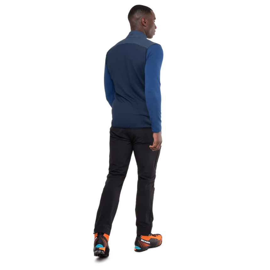 Mountain Equipment Switch Men's Vest in Dusk/Cosmos - detail view showing elasticated armhole and flatlocked seam construction