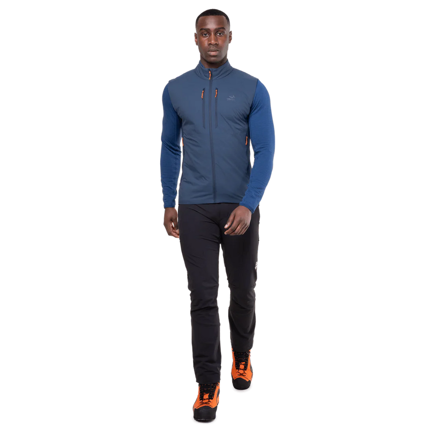 Mountain Equipment Switch Men's Vest in Dusk/Cosmos - side view showing active fit and low bulk elastane bound hem