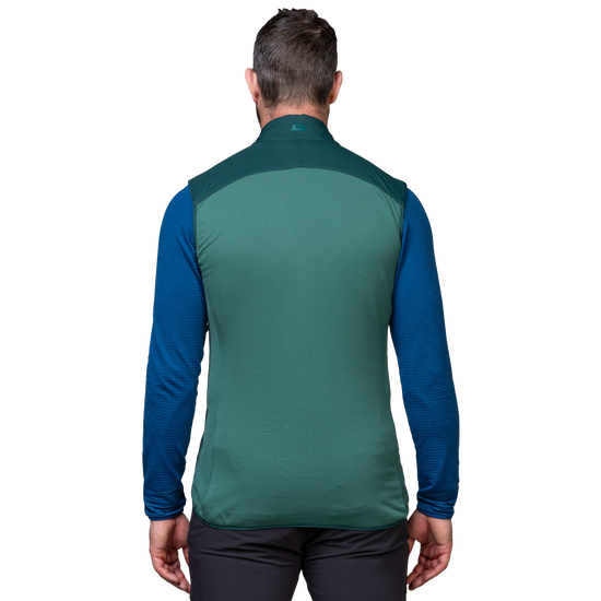 Mountain Equipment Switch Men's Vest in Pine/Fern - side view showing active fit and low bulk elastane bound hem
