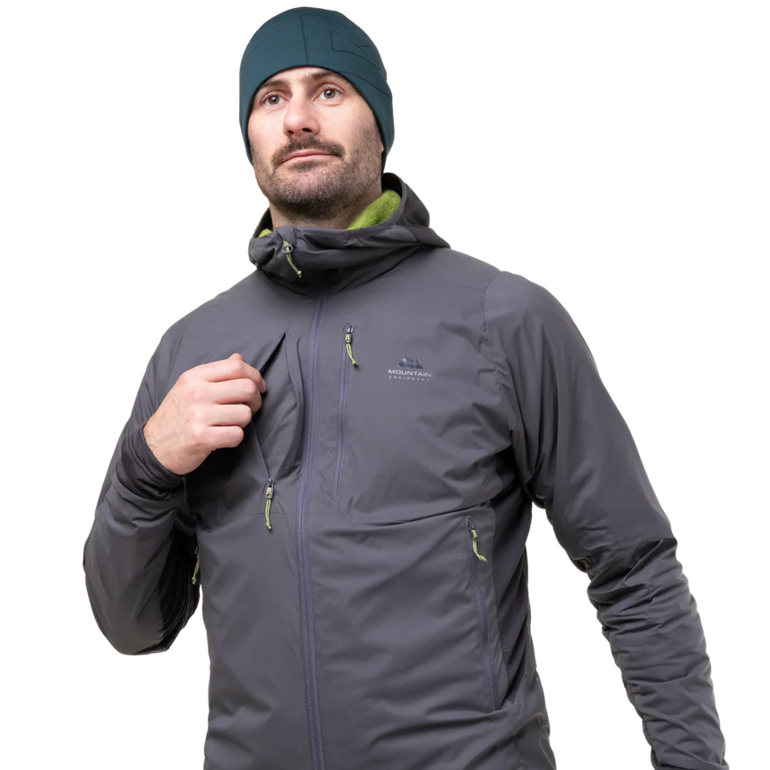 Mountain Equipment Switch Pro Hooded Men's Jacket in Anvil Grey - detail view showing grown-on elastane bound hood and Pontetorto Tecnostretch hood panel