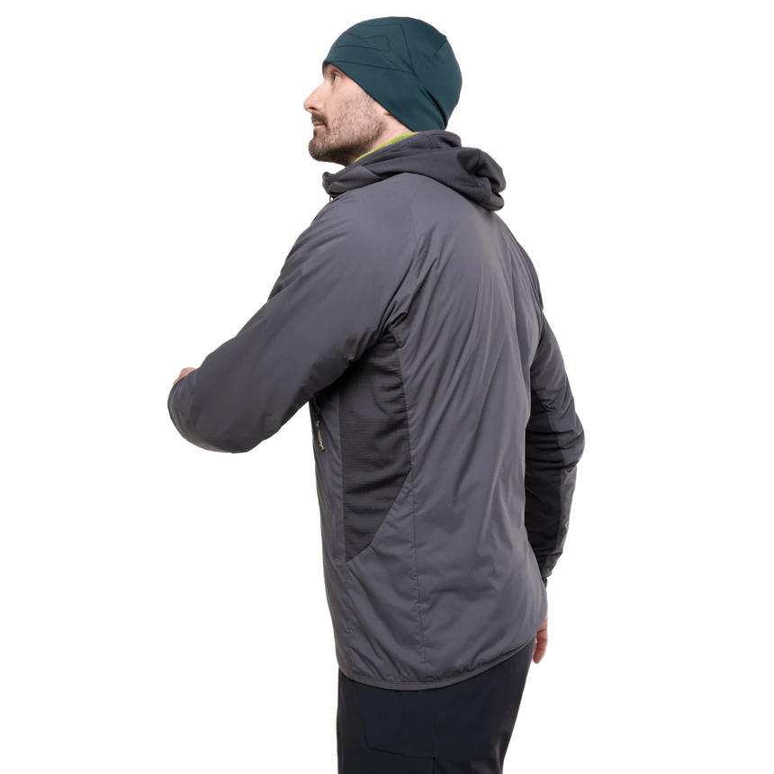 Mountain Equipment Switch Pro Hooded Men's Jacket in Anvil Grey - detail view showing low bulk cuff with integrated thumb loop