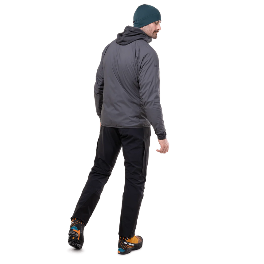 Mountain Equipment Switch Pro Hooded Men's Jacket in Anvil Grey - lifestyle view showing hybrid breathable mid-layer for alpine climbing and ski touring