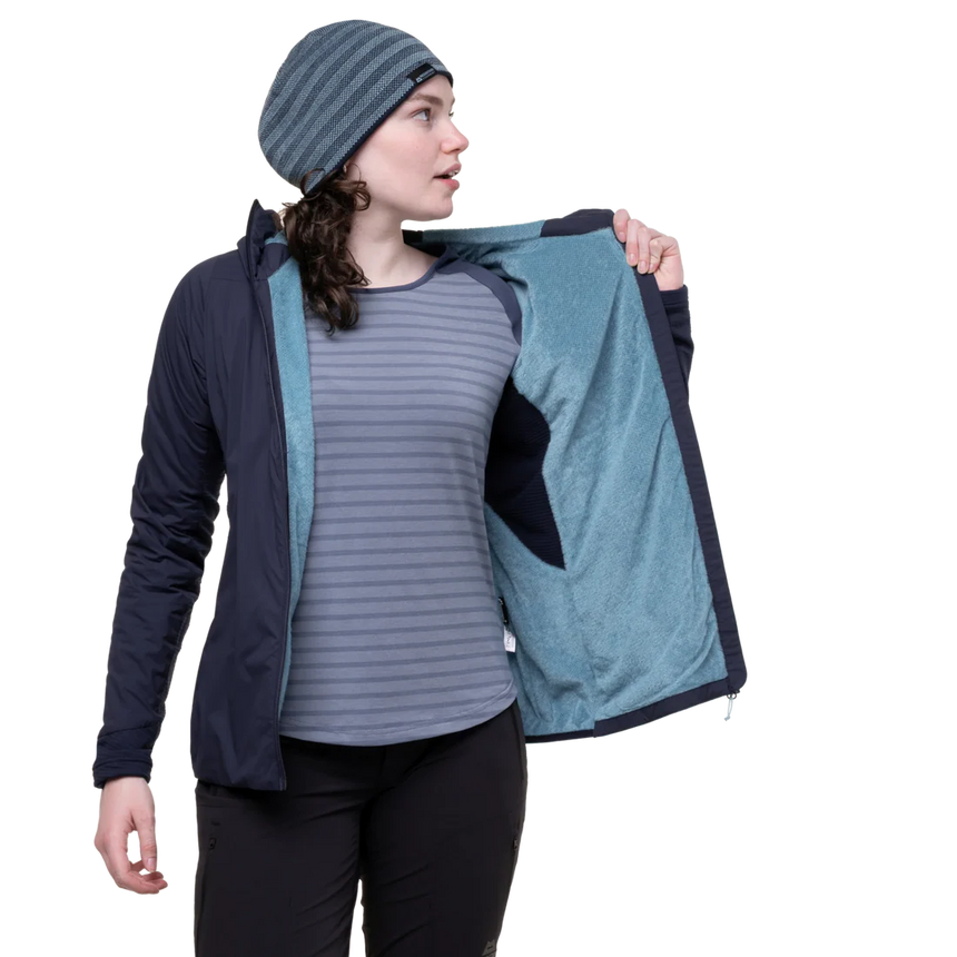 Mountain Equipment Switch Pro Hooded Women's Jacket in Cosmos - detail view showing grown-on elastane bound hood and Pontetorto Tecnostretch hood panel