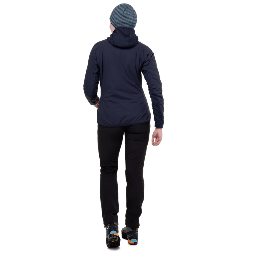 Mountain Equipment Switch Pro Hooded Women's Jacket in Cosmos - detail view showing low bulk cuff with integrated thumb loop