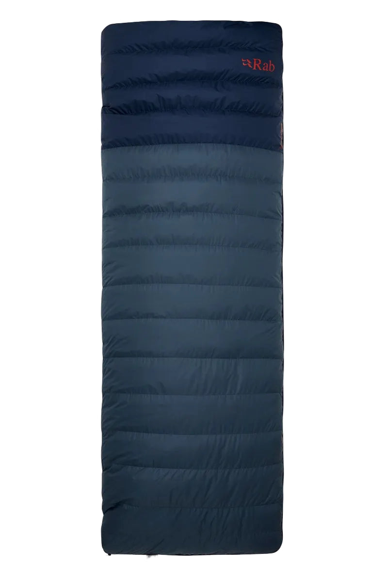Blue sleeping bag with a brand logo on a white background