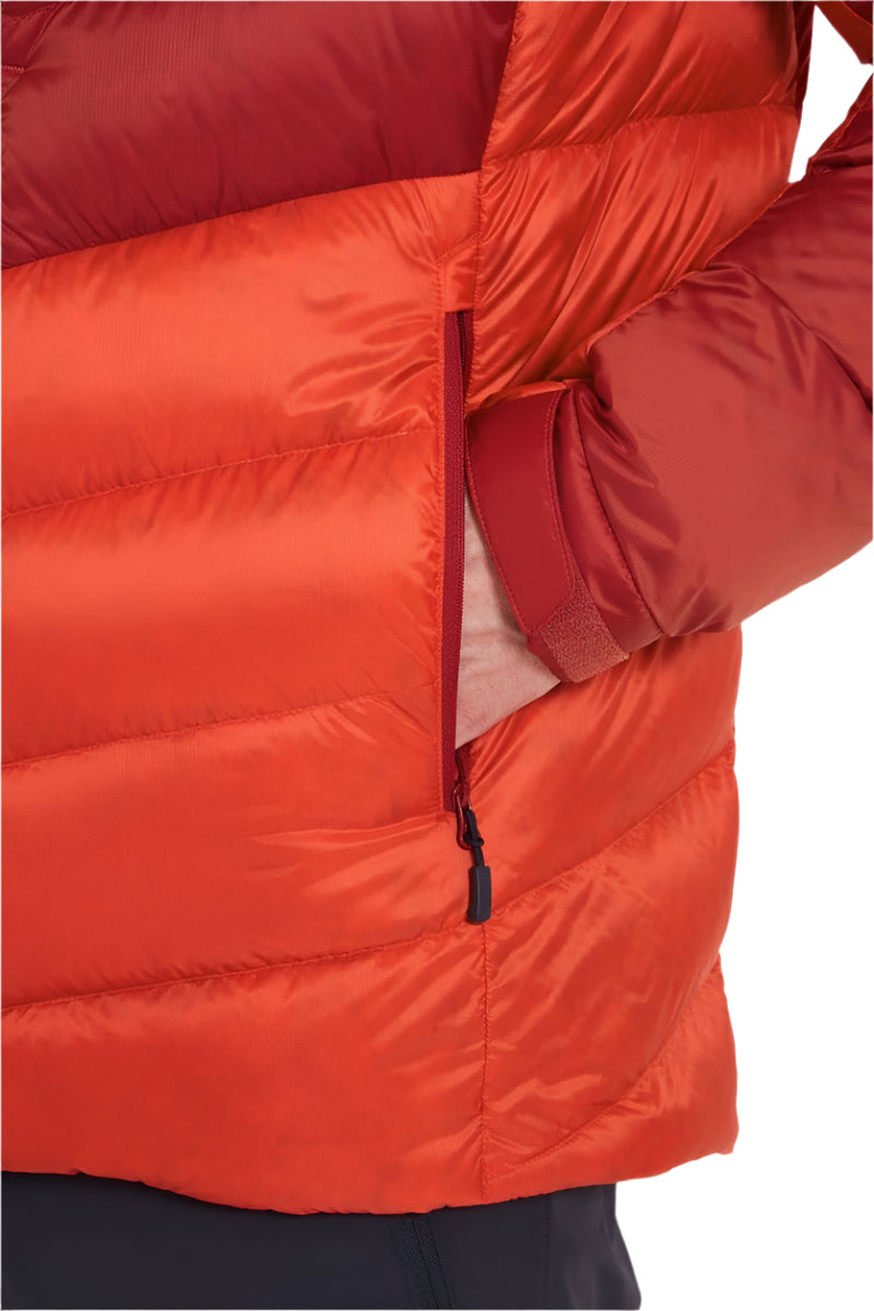 Rab Men's Glaceon Pro Down Jacket in Tuscan Red/Dark Horizon (styling reference) - Hand Pocket Detail
