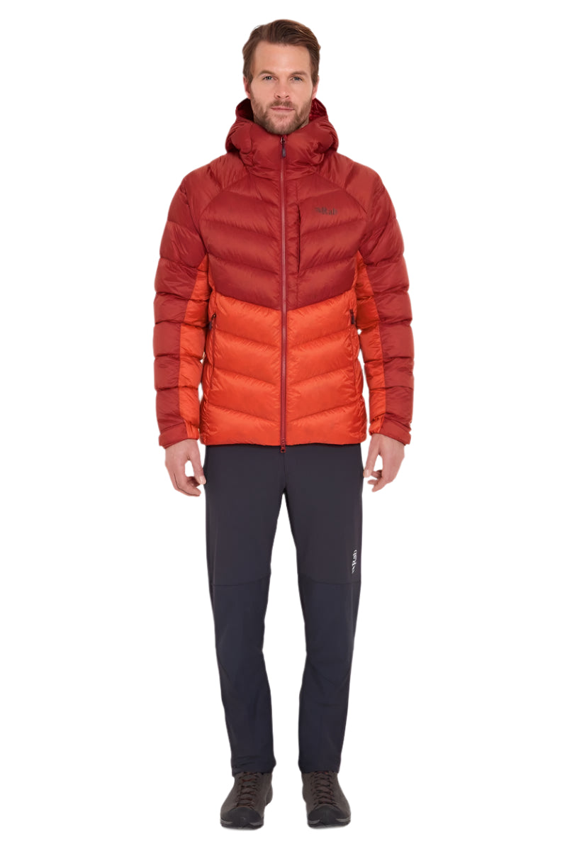 Rab Men's Glaceon Pro Down Jacket in Tuscan Red/Dark Horizon (styling reference) - Worn Front Full Length