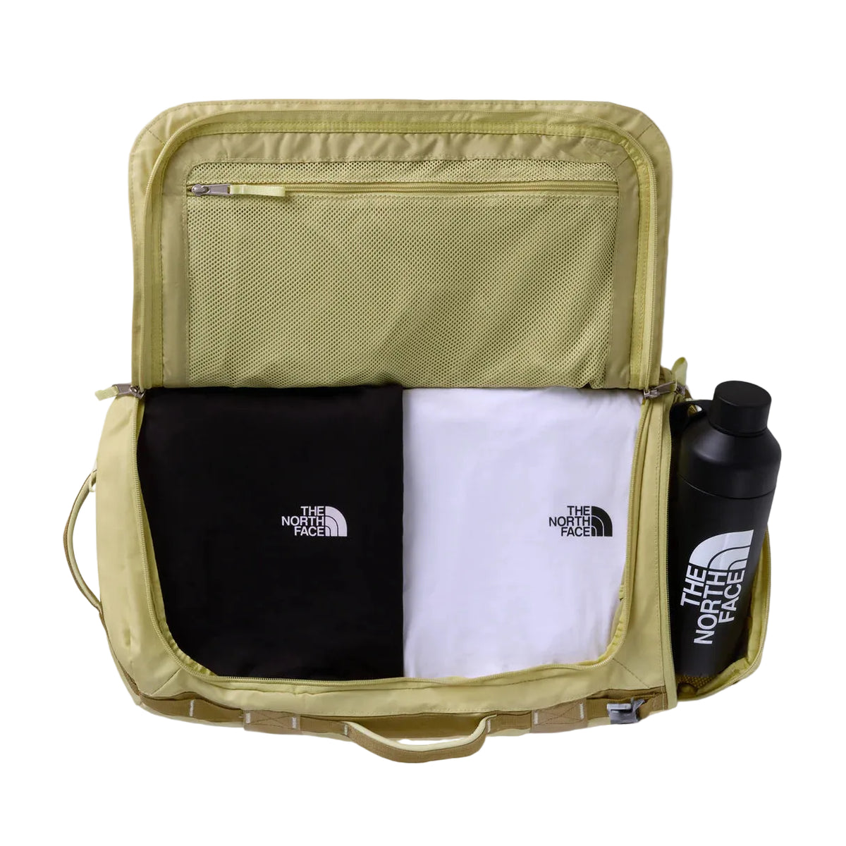 The North Face Base Camp Voyager Duffel 32L Pear/Cedar/Lemon Mist - back panel view showing stowable backpack straps and water-resistant ID window