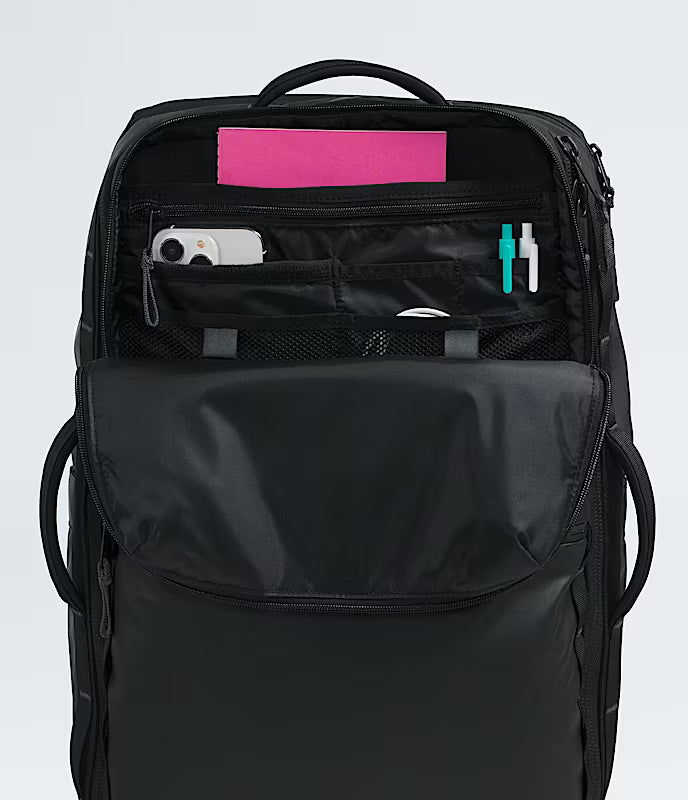 The North Face Base Camp Voyager Travel Pack 35L Black/Asphalt Grey - back panel view showing open-cell-foam shoulder straps and padded back panel