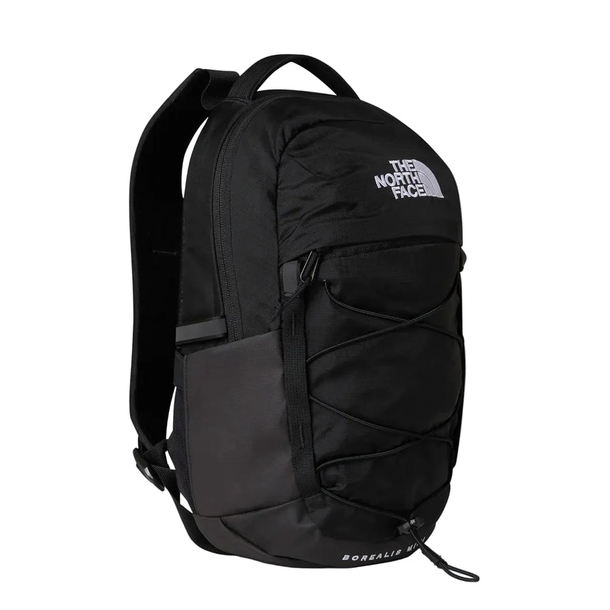The North Face Borealis Mini Backpack 10L - front view showing iconic front bungee system and external secure-zip pocket