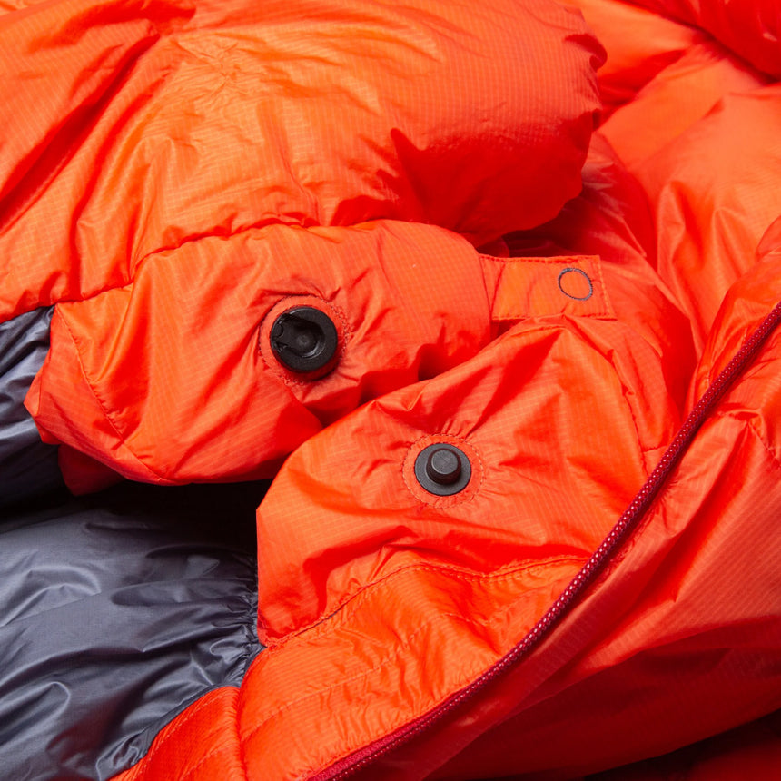 Mountain Equipment Kryos Sleeping Bag (-20°C/-4°F) Outdoor Action Cadinal Orange- Lode Lock Closure