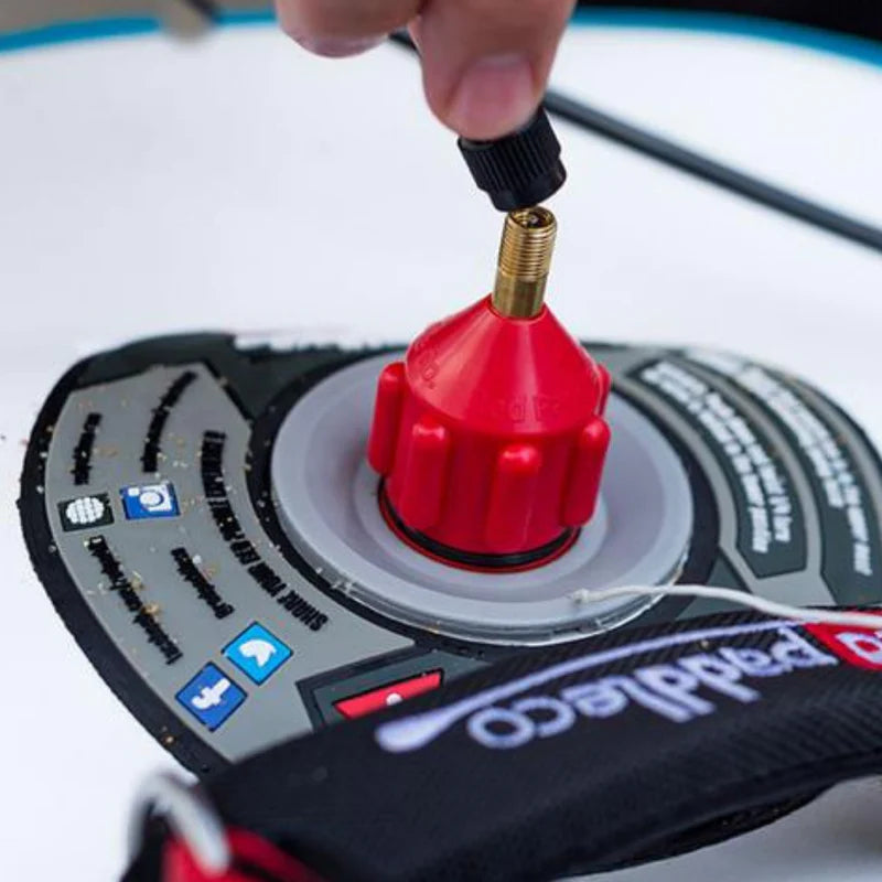 Red Paddle Electric Pump Schrader Valve Adaptor - Product in Use