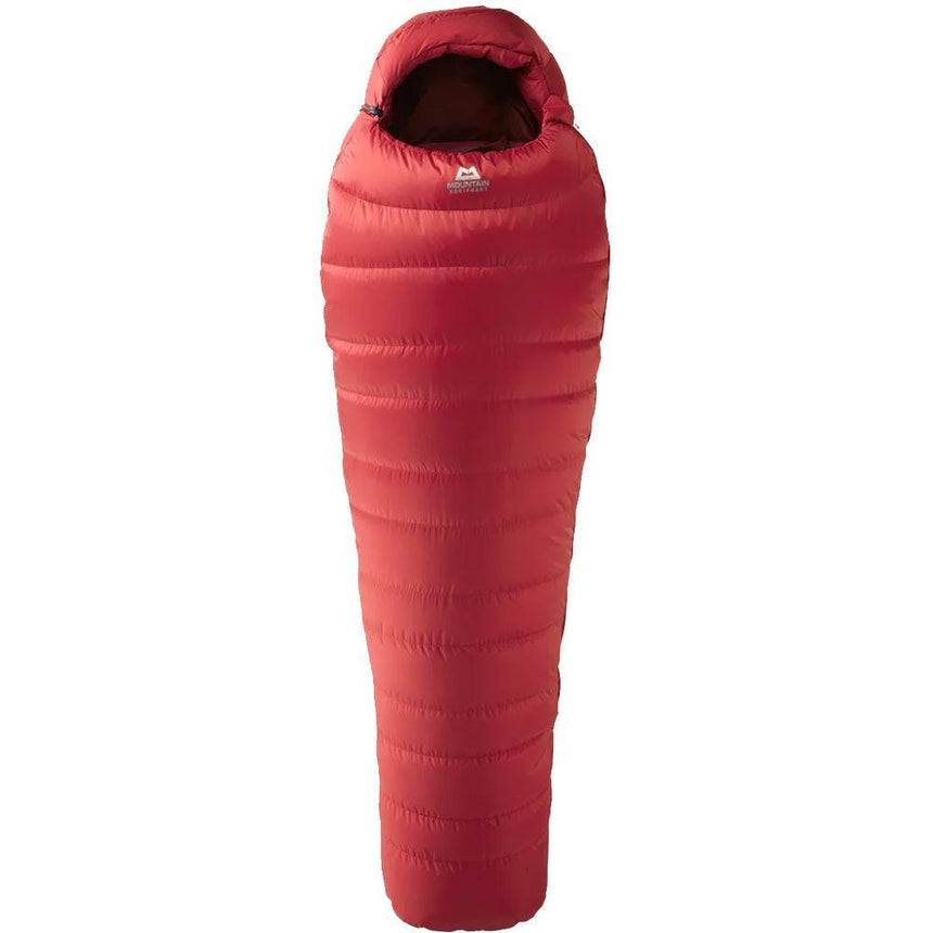 Mountain Equipment Glacier 300 Sleeping Bag in Imperial Red - product preview showing Drilite Loft II outer shell and 6-baffle foot box construction