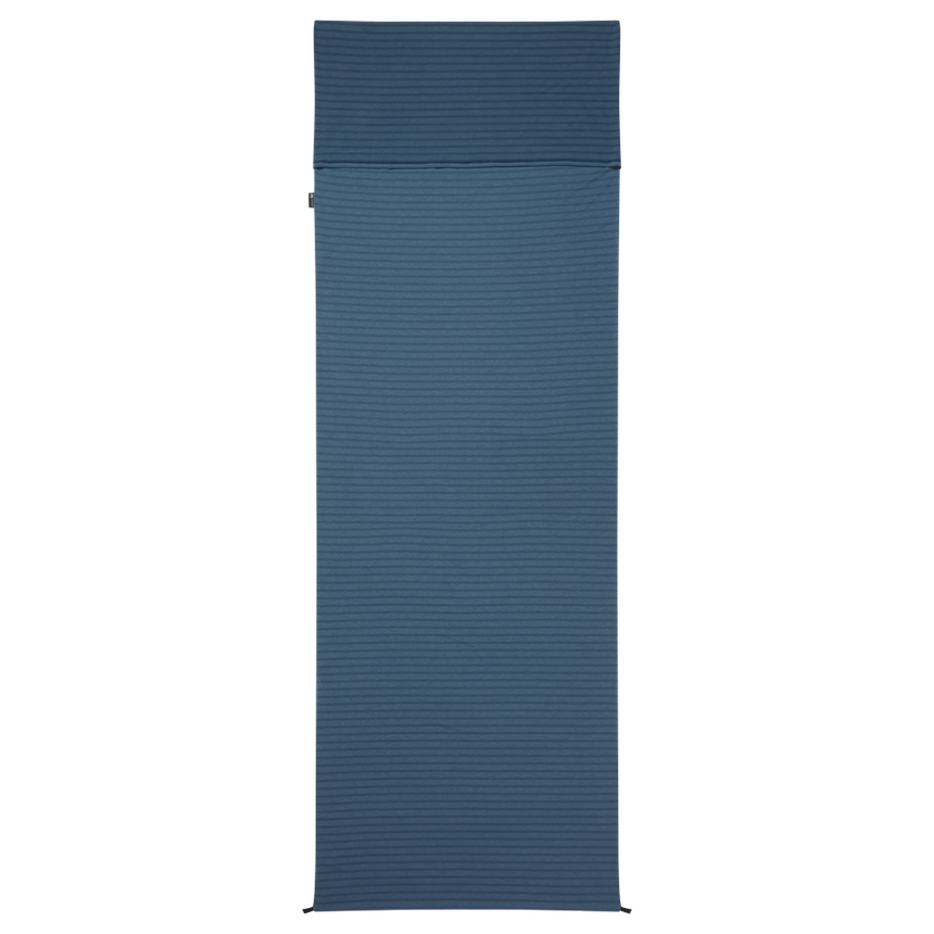 Mountain Equipment Groundup Rectangular Sleeping Bag Liner in Denim Blue - front view showing drirelease Lyocell fabric and lightweight stretchy construction