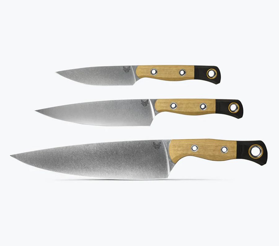 Benchmade 4000-02 three-piece kitchen knife set in Maple Valley Richlite, upright set