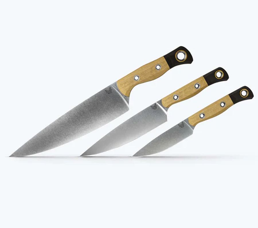 Benchmade 4000-02 three-piece kitchen knife set in Maple Valley Richlite, angled set