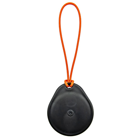 Black round object with an orange strap on a white background