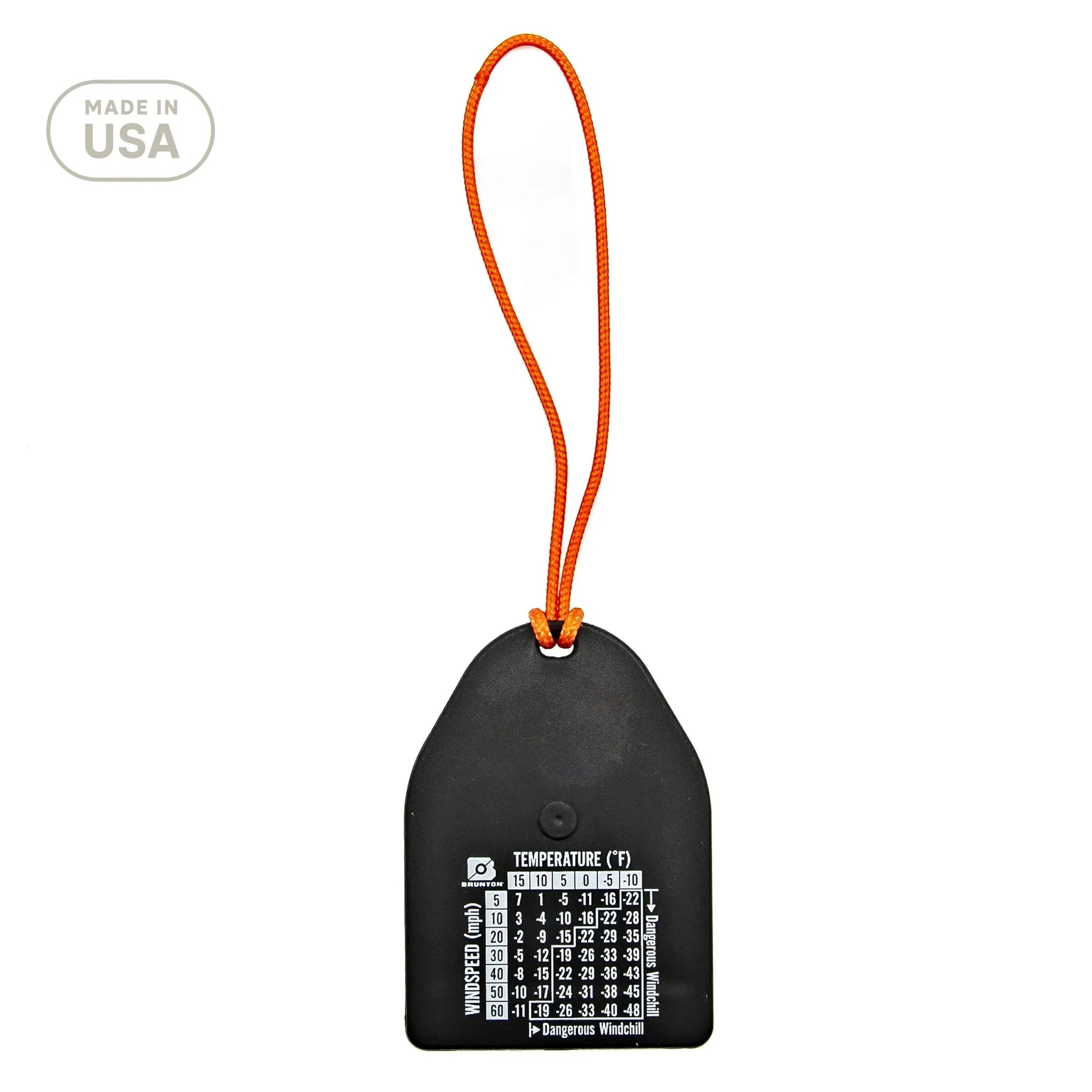 Black temperature gauge with orange string on a white background
