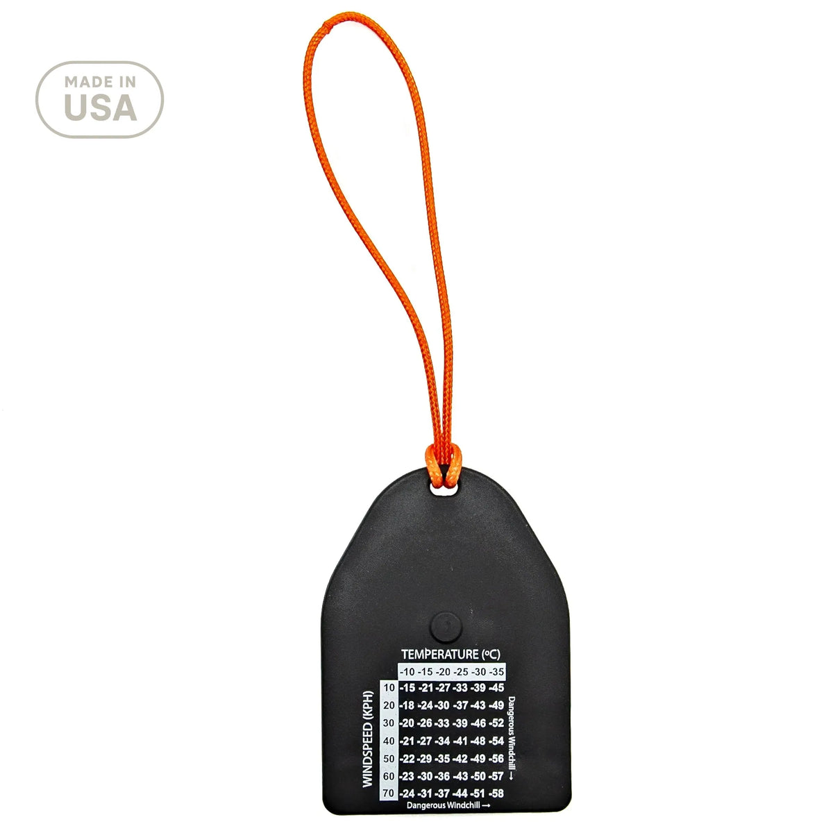 Black temperature tag with orange string on a white background